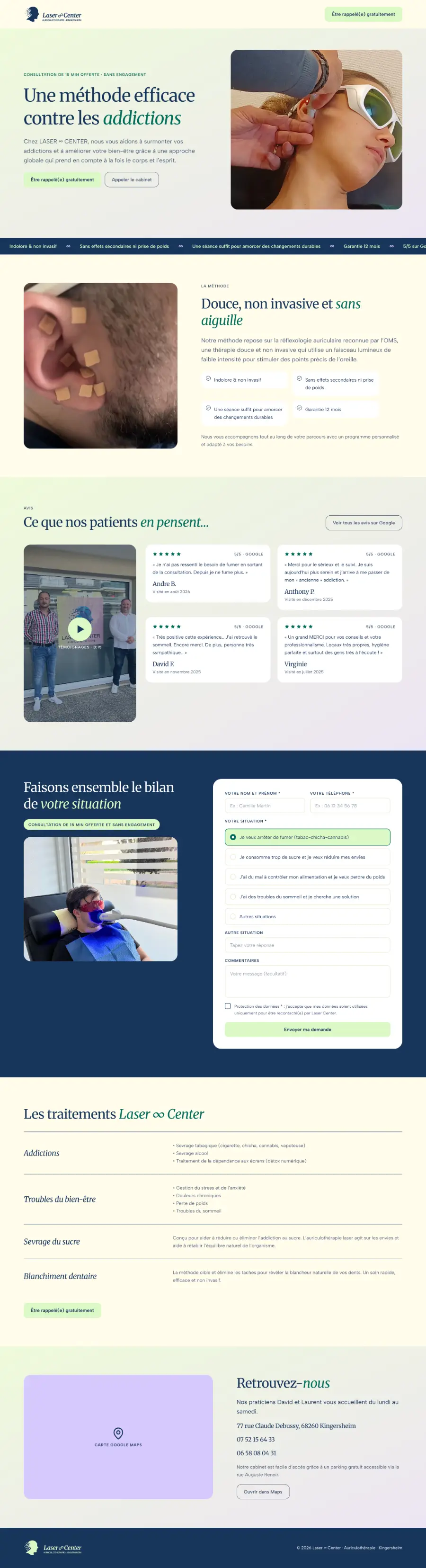 Page « Demandez votre rappel » du site Laser ∞ Center, en entier